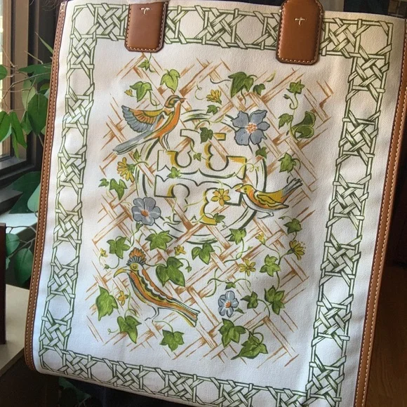 Authentic TORY BURCH Leather/Cotton printed magnetic snap long Tote - Picture 8 of 12